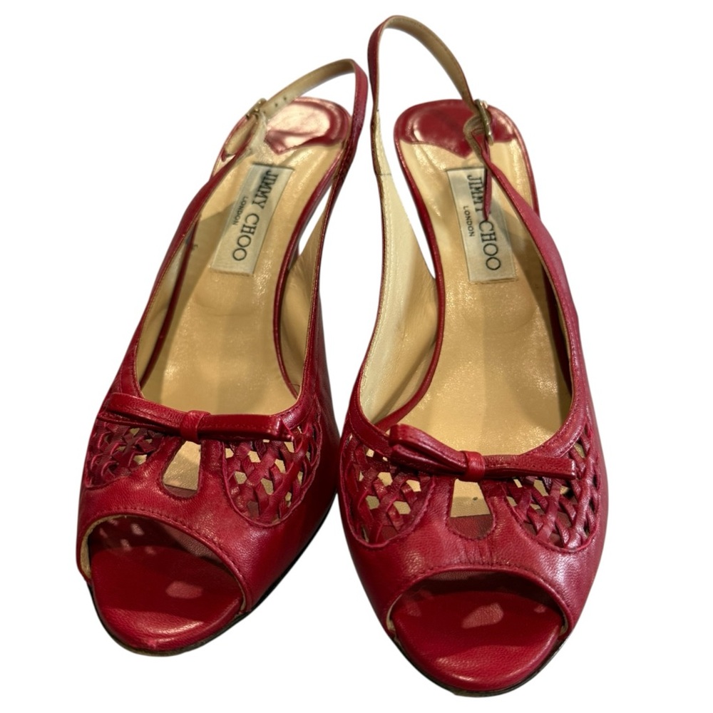 Jimmy Choo Red Leather Slingback Peep Toe Heels Bow Cutout Size 40.5 Italy